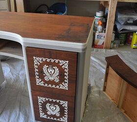 retro desk is not retro anymore, painted furniture, The veneer on the top front corner was badly damaged it almost looked like it had been burnt so no amount of sanding was going to get rid of it but I ve got plans