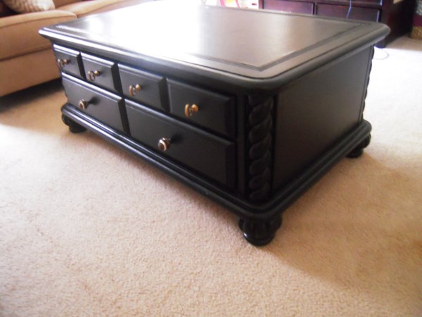 remake of one ugly coffee table set, Here is the finished product After a lot of thought I decided to paint them an oil based black paint I got from lowes Thing about oil is that it doesn t leave and brush strokes so I was willing to wait the few days it took to dry