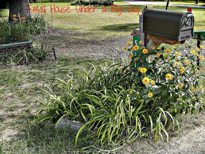 new box in mailbox bed, gardening, Our rural mailbox sits right along side the roadway The bed is three 4 X 4 wolamanized boards stacked three high