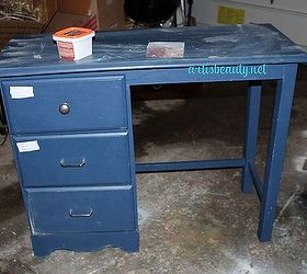 peacock blue silver vintage glamour desk makeover myfavoritethings, painted furniture, The before beat up and in need of a little TLC