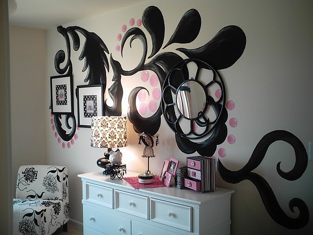 decorative wall treatments, home decor, painting, wall decor, Large handpainted scroll pattern for Atlanta designer Terri Kemp Terri Kemp Interiors in a teen girls room