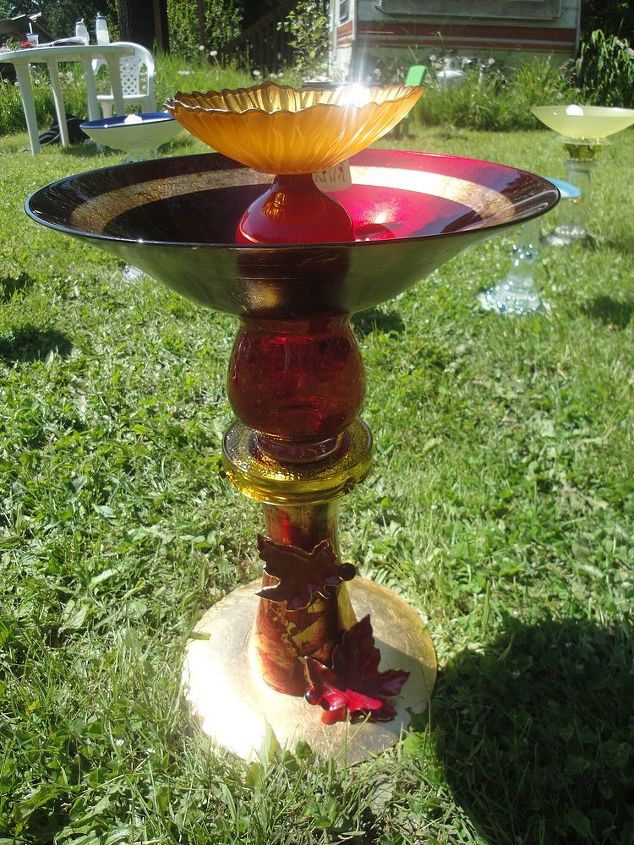 this is a birdbath i made from reclaimed glass vases plates bowls and an ashtray, gardening, repurposing upcycling