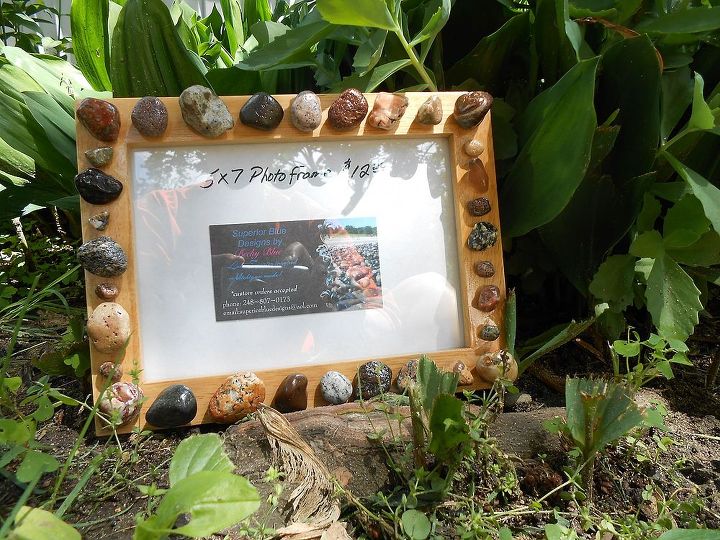 my lake superior rock collection, crafts, home decor, pallet, repurposing upcycling, this is an example of a 5x7 photo frame made as a wedding gift orders accepted and welcome