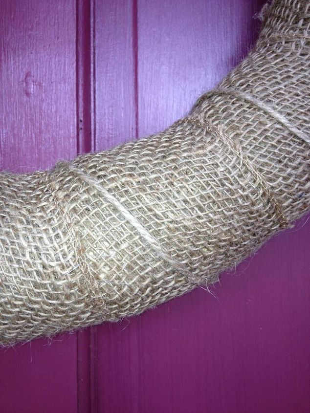 burlap fall wreath, crafts, home decor, wreaths, I wrapped a burlap ribbon around a straw wreath then wrapped twine around the burlap