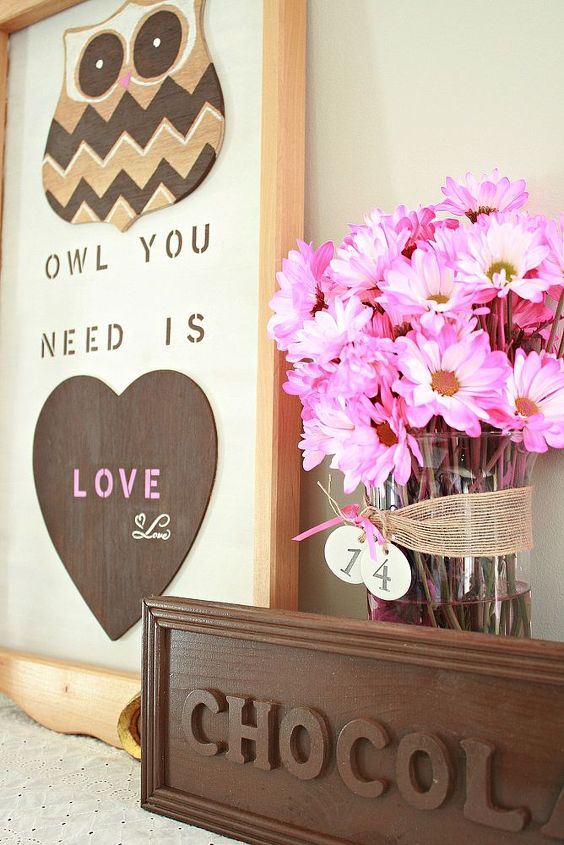 owl you need is love and chocolate valentine mantel, crafts, seasonal holiday decor, valentines day ideas, Valentine DIY