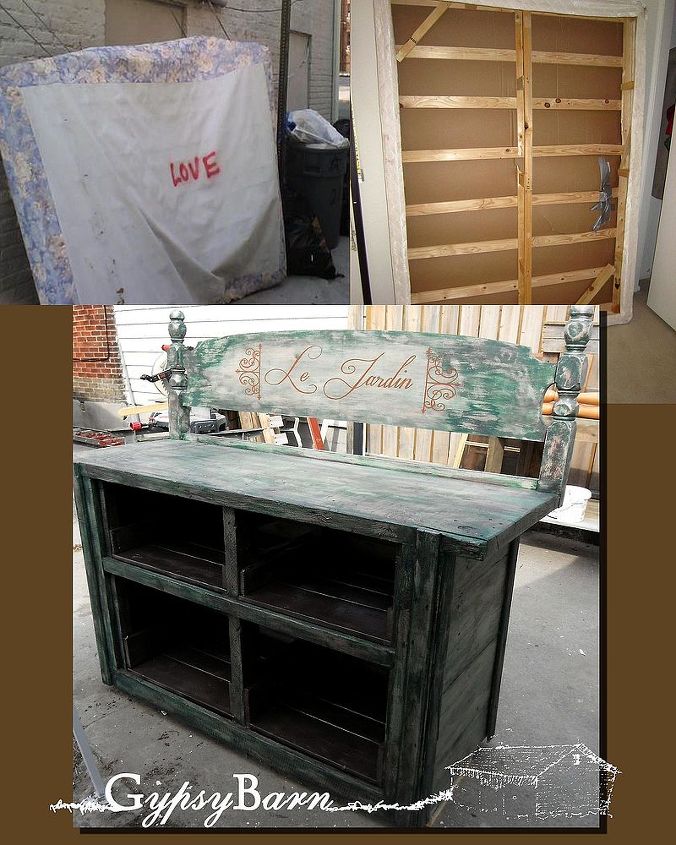 potting tables from random bits, gardening, painted furniture, repurposing upcycling, Oh yes A whole new use for a bed The WHOLE bed Do you know how much good wood is in a box spring Well now you do