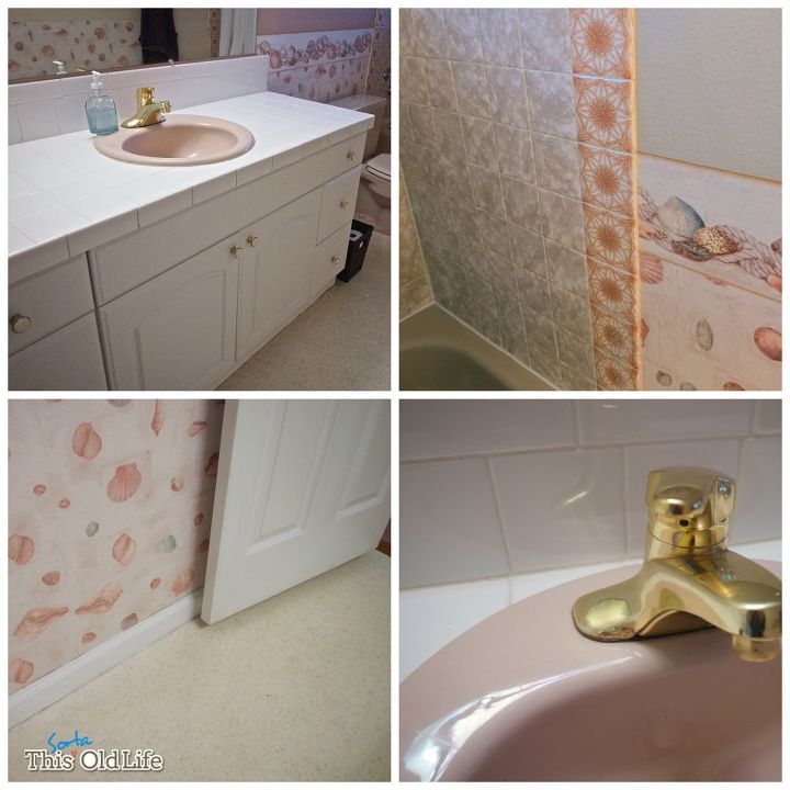 our kind of quickie a weekend bathroom makeover, bathroom ideas, home decor, painting, Although we d love to have a whole new room we decided that some things are going to have to stay for now the vanity the tile the flooring for now at least and the bath tub sink