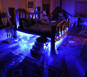 log bed lighting, bedroom ideas, home decor, lighting, Blue bed