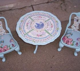 more of my mosaics, painted furniture, tiling, This is a doll table and chair I painted it mosaiced it and covered the chairs with matching fabric