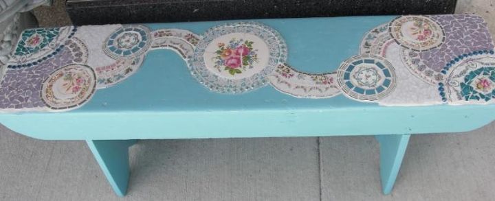 my mosaic pieces, crafts, painted furniture, This is a long 48 bench that I painted and then created with china dishes glass mosaic gems and stained glass I left much of the blue top exposed for interest