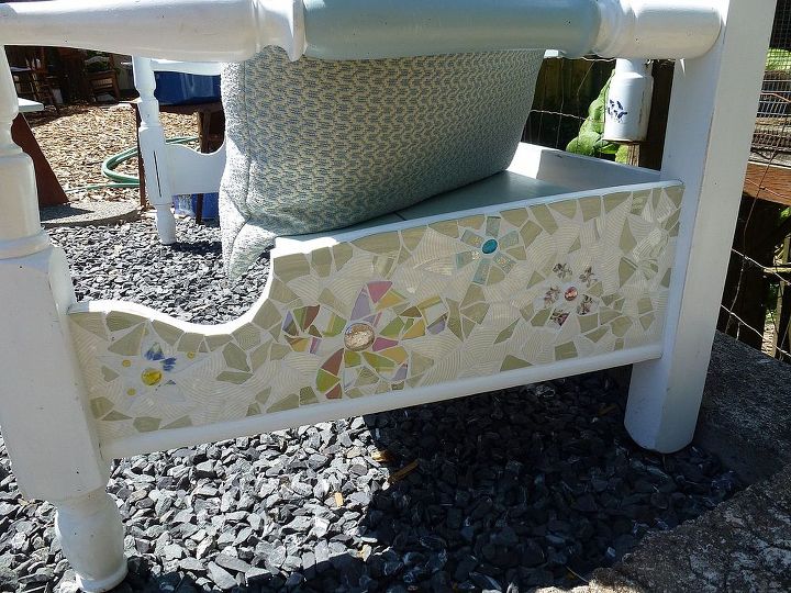 my head and foot board bench, diy, painted furniture, repurposing upcycling, Little fine China to the sides