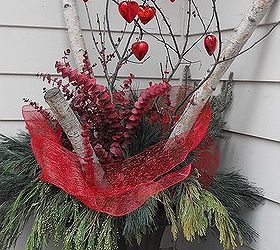 garden containers, christmas decorations, container gardening, gardening, seasonal holiday decor, Christmas container switched up to a Valentine container