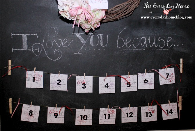 create valentine message calendar, chalkboard paint, crafts, seasonal holiday decor, valentines day ideas, wreaths, I Love You Because was written in chalk freehand You could hang the envelopes across a mirror an old window frame or use glue dots to attach to the front of your fridge