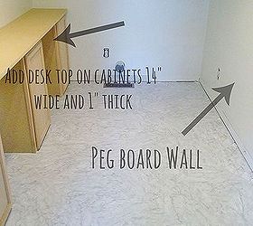 easy diy built in desk, craft rooms, diy, flooring, how to, kitchen cabinets, painted furniture, tile flooring, woodworking projects, We then added an MDF top after we leveled the cabinets and attached them to the wall Easy DIY built in desk