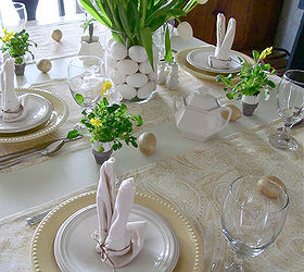 yellow and white spring easter table setting, easter decorations, seasonal holiday d cor, Yellow White tulip and egg arrangement centerpiece bunny folded napkins Pottery Barn yellow Emma plates found at the outlet for 2 49 each