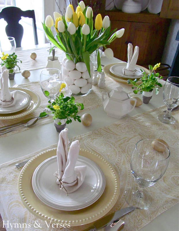yellow and white spring easter table setting, easter decorations, seasonal holiday d cor, Yellow White tulip and egg arrangement centerpiece bunny folded napkins Pottery Barn yellow Emma plates found at the outlet for 2 49 each