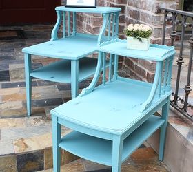 telephone table transformation, chalk paint, painted furniture, The finished tables painted in Annie Sloan s Provence and finished off with clear wax