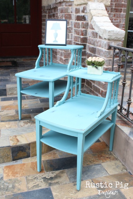 telephone table transformation, chalk paint, painted furniture, The finished tables painted in Annie Sloan s Provence and finished off with clear wax