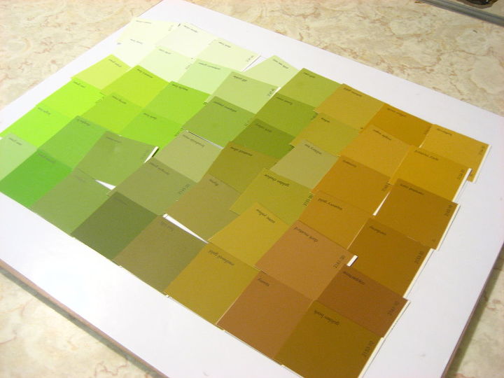 diy paint chip art, home decor, painting, Loosely layout cut up paint chips in graduated colors