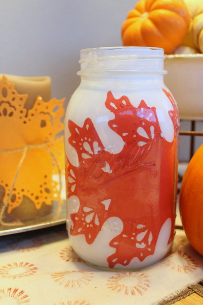 using mason jars for thanksgiving and all times of the year, crafts, mason jars, thanksgiving decorations, A doily leaf and paint combine in this great jar Come watch the video on how to make this one