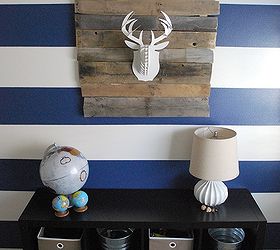 creating a focal wall with painted stripes, bedroom ideas, home decor, painting, This is my boys bedroom wall once it was all painted and accessorized