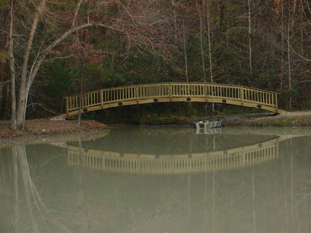 bridge over our pond, decks, outdoor living, ponds water features, Finished bridge from the opposite end of the pond
