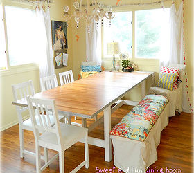 dining room from dull to bright for cheap cheap cheap, painted furniture, This room had the table refreshed chairs painted the bench upholstered walls were stenciled the chandy was completely redone and lots of fun was added A plain IKEA table was given a faux metal edge
