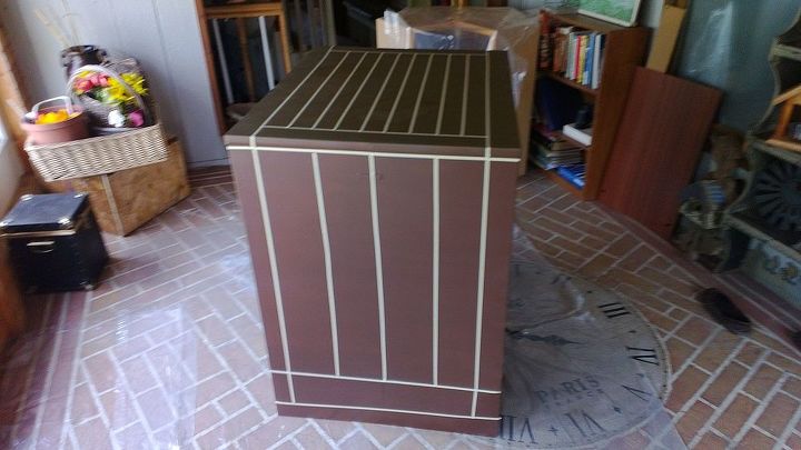 metal cabinet don t toss it turn it into something useful, painted furniture, Now what you ve been looking at is the 1 4 inch masking tape I masked off the boards my cabinet is made of