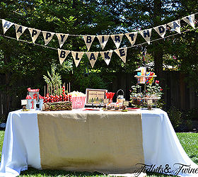 diy backyard campout birthday party, crafts, outdoor living, repurposing upcycling, woodworking projects, The dessert table with the banner that I made hanging above