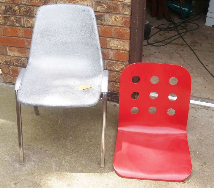 my chair repurpose and upcycle sickness, painted furniture, Before These were 1 each at 2 different yard sales The silver one s seat is splitting and the red one was scratched and had no legs