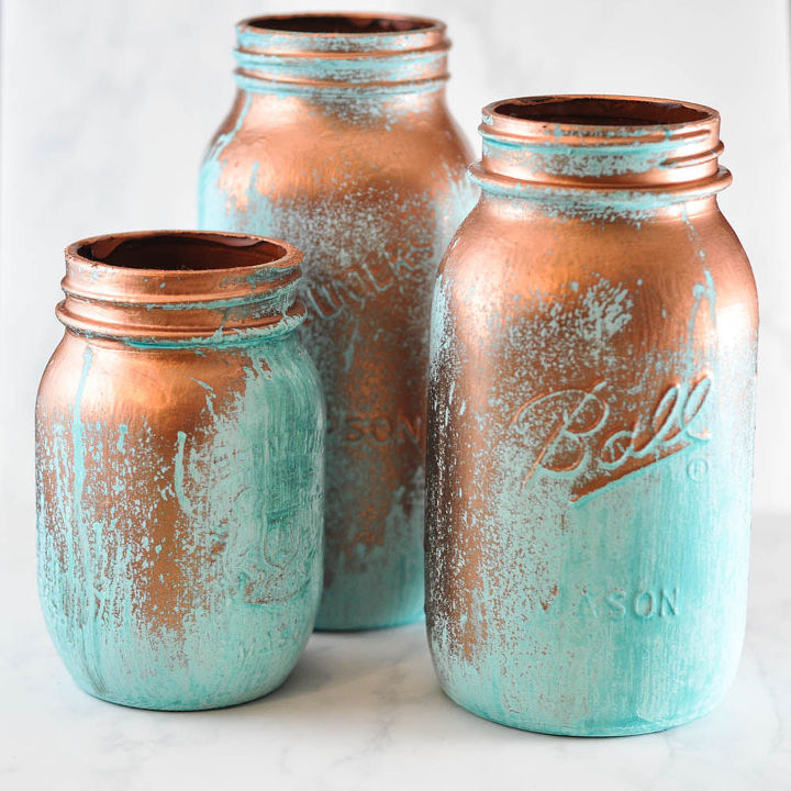 frascos de pedreiro com ptina azul, Este visual de cobre e azul vai se destacar em qualquer decora o