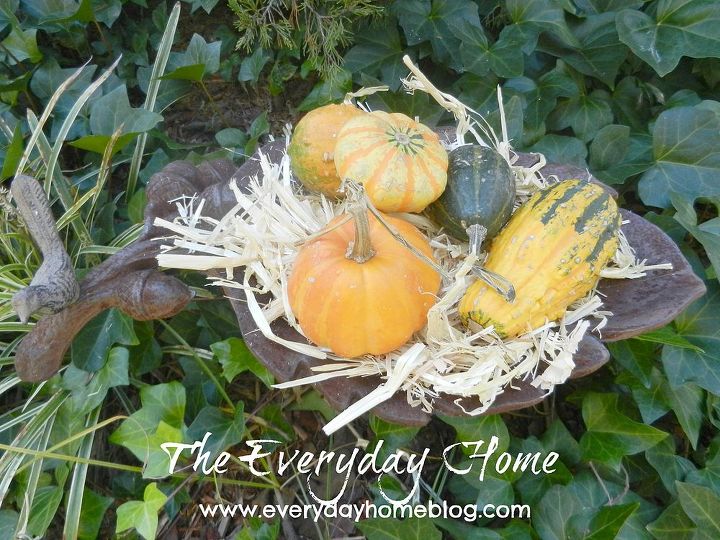 bird bath pulls double duty as a fall decor container in front yard, crafts, outdoor living