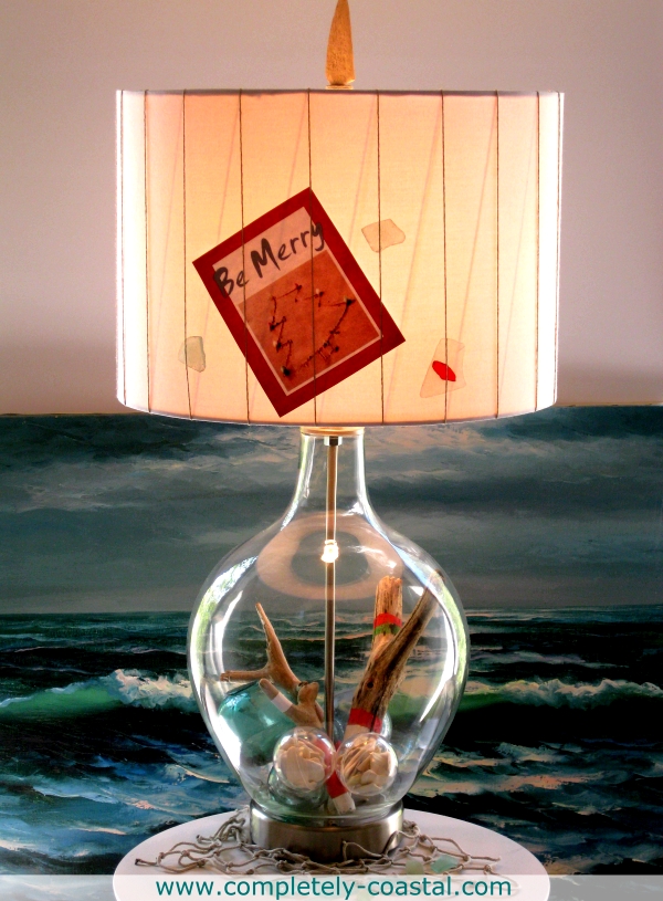 lamps plus ovo lamp gets a coastal look for christmas, lighting, seasonal holiday decor, Hometalk and Lamps Plus Holiday design challenge 2013 Ovo glass table lamp filled and dressed up for a coastal Christmas Holiday