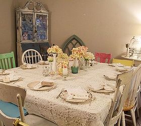 decorating ideas for shabby chic wedding event, home decor, shabby chic, A collection of wooden chairs antique lace tablecloth hand made placecards and mixed matched china settings helped achieve the overall look for an intimate dinner