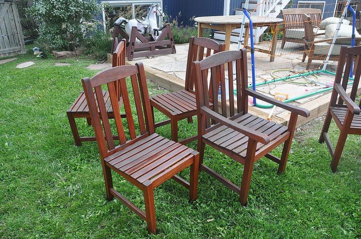 new life for some weathered patio furniture, painted furniture, Six chairs in all