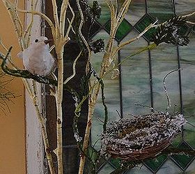 birds in the foyer, home decor, Birds perched on branches in front of stained glass