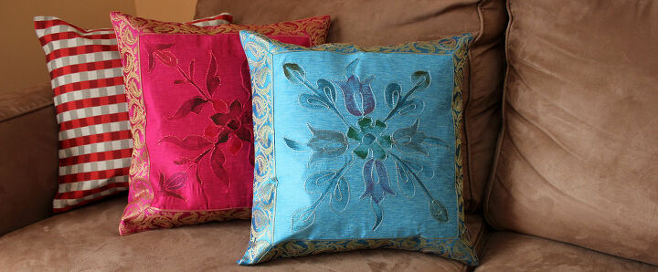 transforming ordinary pillows into a display of art, home decor, living room ideas, Hand Painted Deluxe pillow covers