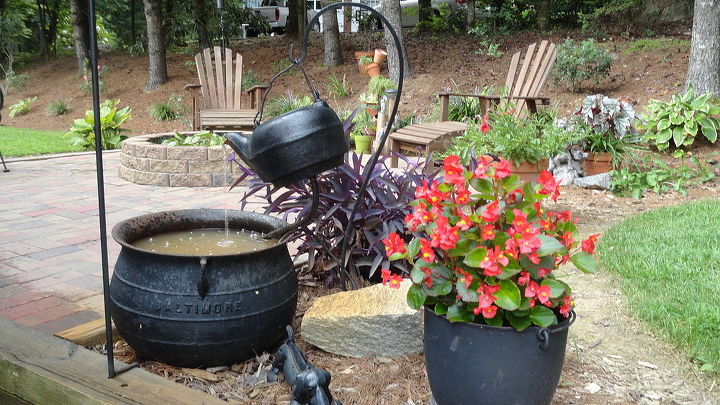 flowers and patio, flowers, gardening, outdoor living, patio, Hubby and I enjoy the fire pit and water spilling in the fountain