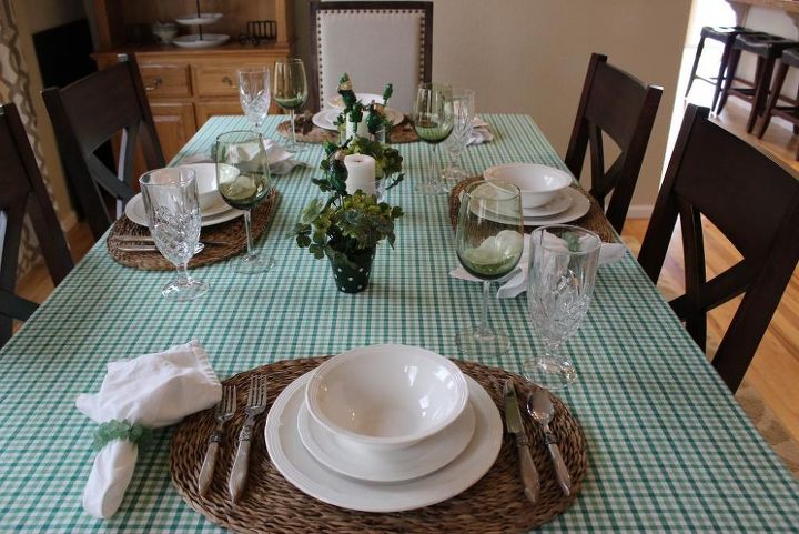 st patrick s day tablescape 2014, seasonal holiday d cor, I started with a green plaid tablecloth I ve had for a few years