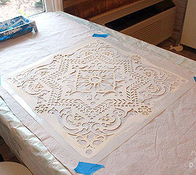holiday stenciled table runner using drop cloth royal studio design, crafts, painting, seasonal holiday decor, Center Royal Studio Designs Lisboa stencil on middle of drop cloth