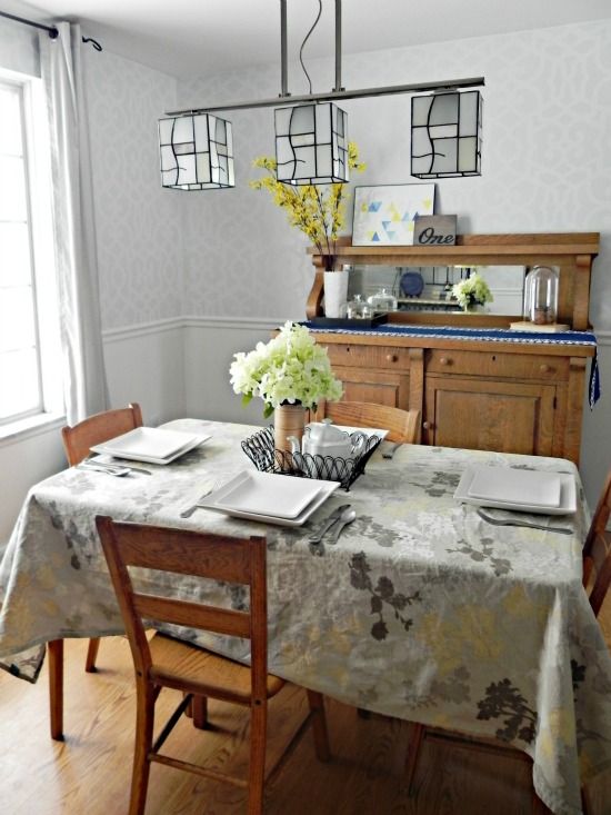 our blue grey and yellow dining room, home decor, We scored the lovely light fixture on MAJOR clearance