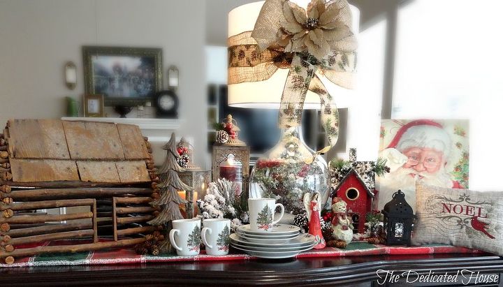 holiday design challenge with hometalk and lamps plus, lighting, seasonal holiday decor, Here is the wide shot of my vignette based on a cabin in the wintry woods
