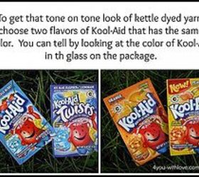solar dyeing yarn with kool aid to achieve that kettle dyed look, crafts, Choose two Kool Aid flavors that result in the same color beverage I chose two flavors that create blue Kool Aid and two flavors that create orange Kool Aid