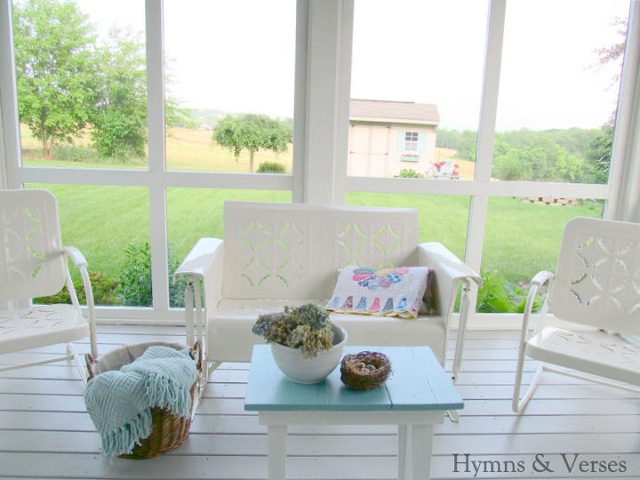 hymns verses home tour, home decor, Screen porch with refurbished vintage metal glider and chairs