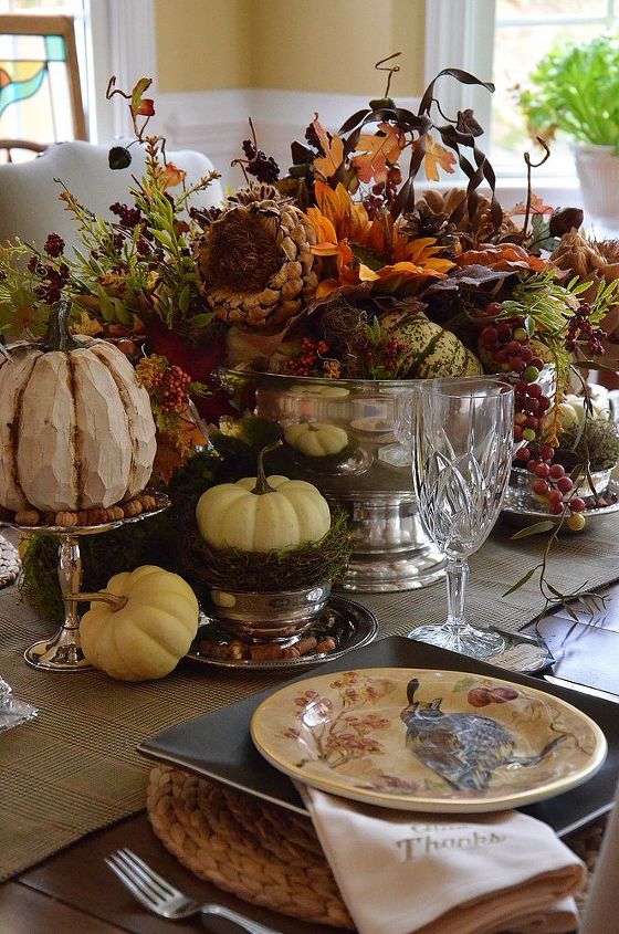 thanksgiving tablescape, seasonal holiday d cor, thanksgiving decorations, Faux and natural pumpkins among crystal and silver