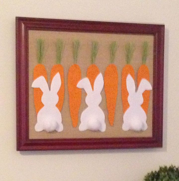 easter burlap canvas art, crafts, easter decorations, seasonal holiday decor, The bunnies are cut out fleece with iron on heat n bond backing for stability Pom poms were added for additional cuteness