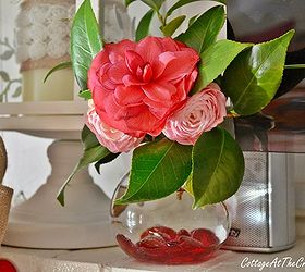 our valentine s day mantel, seasonal holiday d cor, valentines day ideas, Pink and red camellia blossoms add instant color