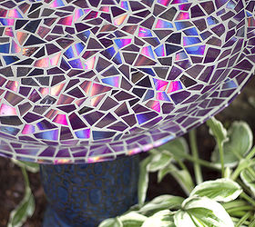 mosaic tile birdbath using recycled dvds, crafts, gardening, repurposing upcycling, Even with no experience in mosaics or tiling our bird bath face lift turned out just as I had hoped Now I m thinking about all the other things I could do gazing balls garden stakes water fountains etc The sky s the limit