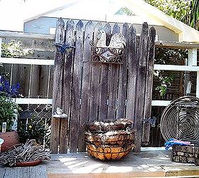 potting table from 100 reclaimed items, gardening, painted furniture, pallet, repurposing upcycling, This used to be a gate to the yard to my tack room which had seen better days Now it gives character and vertical interest to the table