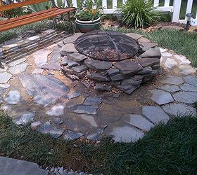 turned old marvel table base into flower pot and used the broken table top to create, flowers, gardening, outdoor living, repurposing upcycling, Finished fire pit sitting area I added ready mix concrete and it s looks pretty good just needs to dry Can you see the broken pieces of marvel table